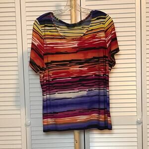 Investments Strips Scoop Neck Short Sleeve Blouse PXL